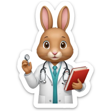 rabbit wearing lab coat and stethoscope, medical student, books sticker
