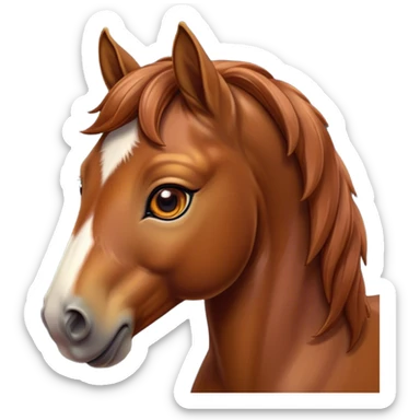 Cinematic Cute Chestnut Horse Portrait Emoji, Head tilted playfully and inquisitively, showcasing a glossy chestnut fur with a vibrant sheen and gentle, expressive amber eyes, Simplified yet irresistibly adorable features, highly detailed, glowing with a warm, friendly glow, high shine, affectionate and spirited, stylized with a touch of whimsy, bright and endearing, soft glowing outline, capturing the essence of a mischievous yet loving horse, so playful it feels like it could prance out of the screen and into your arms! sticker