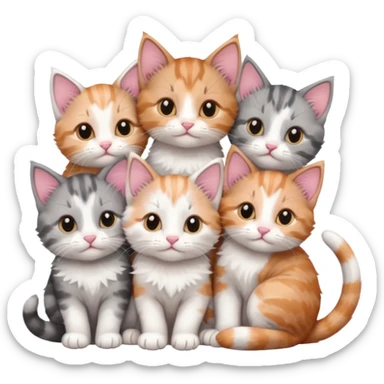 6 tiny kittens cuddling together all various different natural colours including grey and white, ginger and white, calico, grey, and brown tabby and white sticker