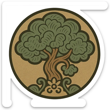 Create a round favicon version of the image showing a tree growing from the ground in Slavic folk art style. Maintain classic detail and use a traditional neutral folk art palette. The image should have a transparent background and be suitable for favicon, logo, and emoji usage. sticker
