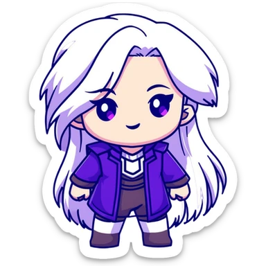Chibi Sable Ward from Dead by Daylight with long white hair with purple streaks and fully purple eyes, detailed and expressive, cute exaggerated style with large expressive eyes and clear emotion sticker