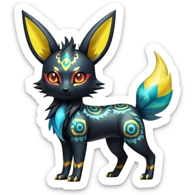Shiny Exotic Badass Colorful Ethereal Royal Mysterious Gothic Umbreon-Jolteon-Litten-Noibat-Pokémon-Fakémon-hybrid-creature (full body) with pattern-markings sticker