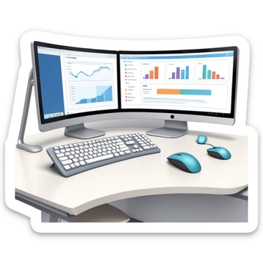 Create an emoji for UX/UI design. Show two large curved monitors displaying UX/UI design interfaces. Include a mouse, keyboard, and stylus next to the screens. Use modern, professional colors. Do not include any emojis or smiley faces. Make the background transparent. sticker