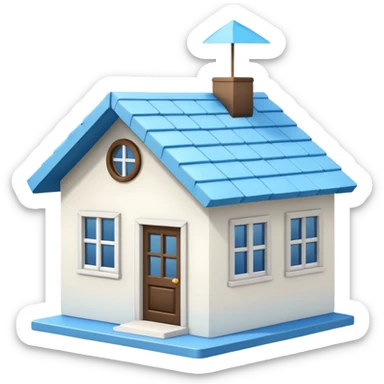 the front view of a mini house with a sky blue roof and white walls sticker