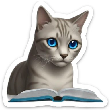 cat with blue eyes dark mark in the foreheadon on top of a book chilling sticker
