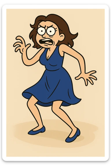 Change the dress to blue, keep the woman dancing awkwardly in the same style and pose. sticker