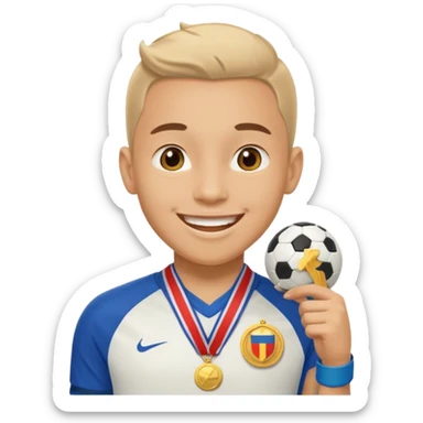Happy light soccer player with a first-place medal
 sticker