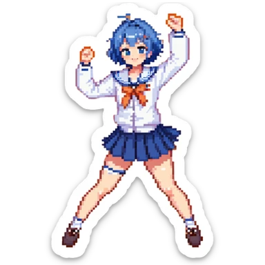 Pixel art energetic anime girl with short blue hair wearing Japanese sailor style school uniform, striking a victory pose, very cheerful sticker