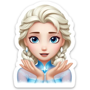 Cinematic Playful Elsa Portrait Emoji, Blowing frost from her hands in a dazzling display, eyes filled with mischief, exuding a magical charm that is both fun and enchanting! sticker