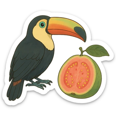ghibli style toucan and guava sticker