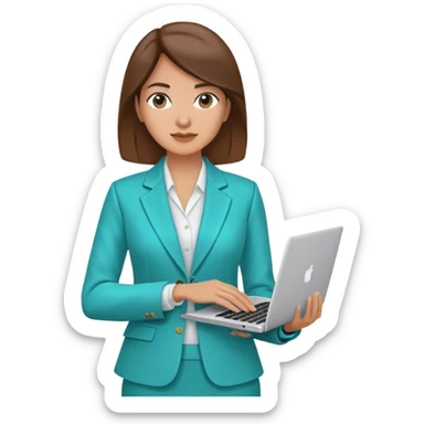 businesswoman in turquoise jacket with laptop sticker