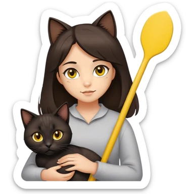 A girl with medium-length hair, brown eyes, brunette and slightly swarthy.In her arms is a black paddle-eared cat with yellow eyes sticker