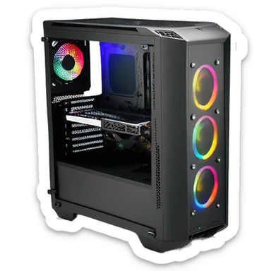 Black gaming PC RGB mid-tower case with glass side panel sticker