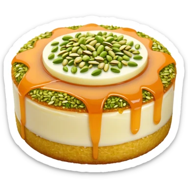 A small round emoji of traditional kanafeh with golden-orange crispy threads, a gooey white cheese center, and a light sprinkle of green pistachios. Warm and delicious-looking. sticker