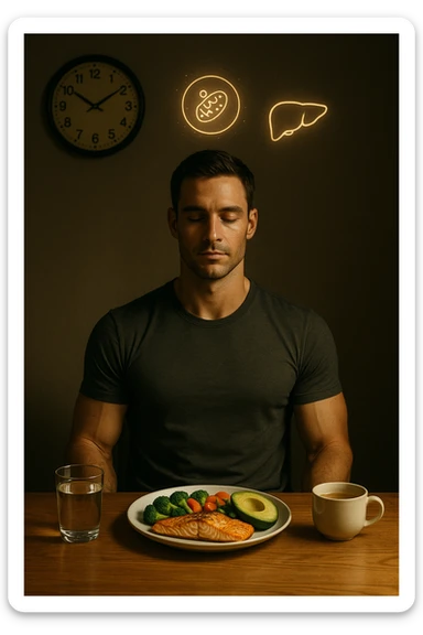A realistic, cinematic illustration of a healthy, fit man in his early 30s with a calm, disciplined expression, sitting at a clean wooden table in the evening with a single, balanced, nutrient-dense meal in front of him (grilled salmon, colorful vegetables, avocado). The rest of the day he drinks only water and herbal tea, visible in a glass and a simple cup on the side. A wall clock in the background shows 6:00 PM, emphasizing that this is his only meal of the day (OMAD). Subtle glowing icons above him display a regenerating cell, mitochondria, and a liver symbol, representing autophagy, longevity, and health benefits of OMAD. The lighting is warm, with cinematic shadows and natural tones, creating a sense of discipline, mental clarity, and health optimization. The man looks centered and content, showing that OMAD is a conscious choice for energy and regeneration, not restrizione. The scene is realistic with slight film grain for depth sticker