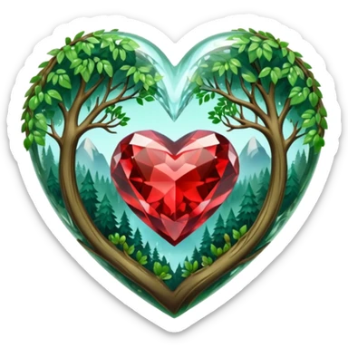 crystal heart with forest inside and floral decoration around sticker