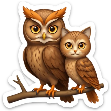 Owl on a branch with a cat's head sticker