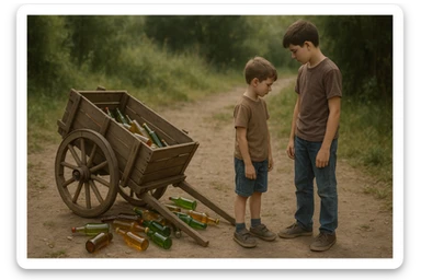 Bir g'ildiragi singan ichimliklar ortilgan arava uning yonida aka uka bir biriga havotirli nigoh bilan qarab turibdi realistik uslubda yuzi ko'rinmasin sticker