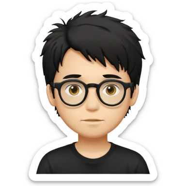 a light tan boy with messy a black hair and spectacles. wearing a black tshirt sticker