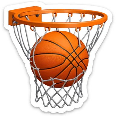 Simple orange basketball with NBA logo caught in basketball net from below perspective, iOS emoji style sticker