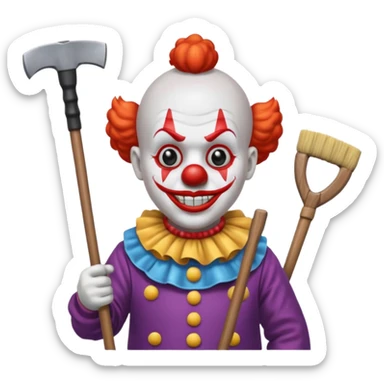 a clown with a broom and an axe sticker