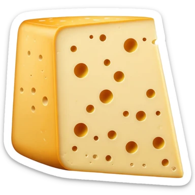 Beaufort cheese wedge, thick slice, firm pale yellow inside, natural darker rind, smooth dense texture, some small holes, cleanly cut, soft lighting, subtle shadows, emoji scale sticker