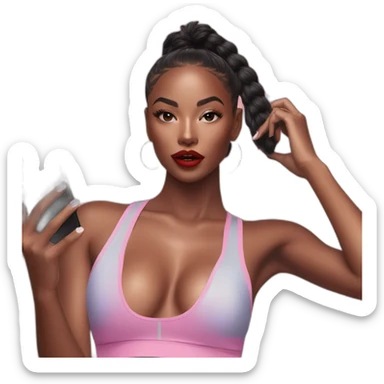 Influencer model with fake lips wearing active wear taking a selfie sticker