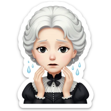 A Victorian woman with elegant coiffed white hair wearing a modest black mourning dress sobbing with tears streaming down her face sticker