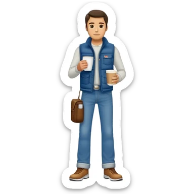 full body man with plain puffy vest with no pockets over long sleeved shirt wearing straight levi boot cut levi blue jeans and tennis shoes holding coffee mug in his hand sticker