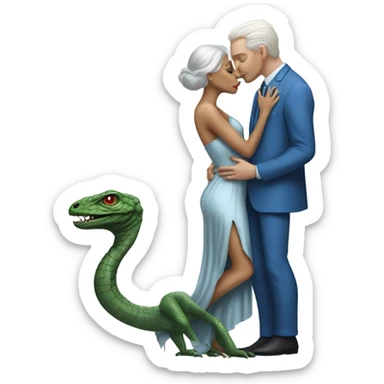 White man in blue dress  hugs and kissing Alien reptilian woman in silver dress  sticker