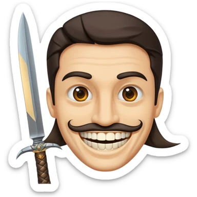 Haz que tenga una sonrisa epica una cicatriz en el ojo serrado y una espada entre los dientes y dos más a cada lado. sticker