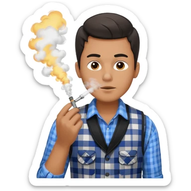 Vaquero camisa de cuadros blanca con negro y chaleco azul  joven sacando humo  sticker