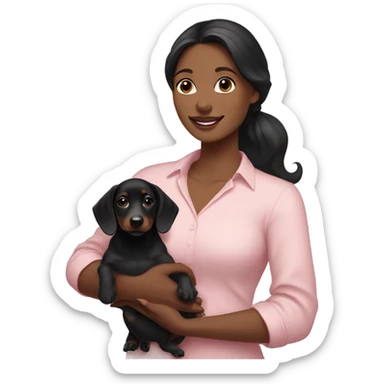 a brunette woman in a light pink shirt holding black dachshund puppy in her arms sticker