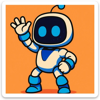 Astro Bot from PlayStation, cute robot with blue and white body, waving, vibrant toon style sticker