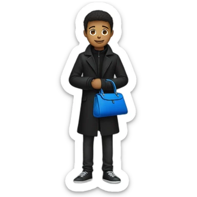 18 years old man with black coat , blue man purse,  sticker