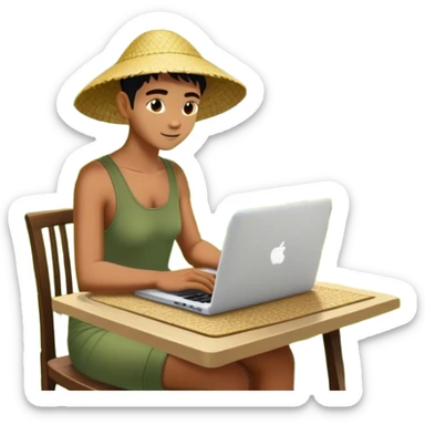 A digital nomad sits at a café in Bali, working on a laptop surrounded by lush green rice terraces and swaying palm trees sticker