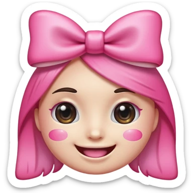 surreal and kawaii emoji face with huge sparkling cartoon eyes, a wide realistic human smile with perfect teeth, pink cheeks, and a big pink bow on its head. The background is transparent. Above the head, the text "kawowiwo-wiwi" is written in a playful, handwritten font sticker