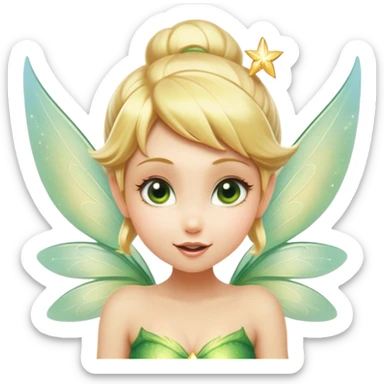 Cinematic Realistic Blonde Tinker Bell Fairy Portrait, head tilted playfully and inquisitively, showcasing a delicate pixie form with finely detailed, golden blonde hair and softly glowing, translucent wings that catch the light with a cascade of fairy dust. Her bright, curious eyes sparkle with mischief and wonder, rendered with lifelike clarity and warm, gentle lighting that captures the essence of a spirited, charming fairy ready to flutter playfully into your heart. sticker