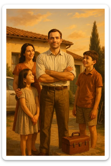 Uomo tra i 35 e i 45 anni, in piedi con postura fiera davanti alla sua casa, circondato dalla famiglia: moglie e figli lo guardano con rispetto e affetto. Indossa abiti semplici ma ordinati, simbolo di lavoro e stabilità (camicia, pantaloni, magari una cassetta degli attrezzi o una valigetta vicino). Sullo sfondo elementi che richiamano i suoi ruoli: casa ordinata, auto familiare, strumenti di lavoro, simboli di protezione e presenza. Espressione serena, forte ma accogliente. Colori caldi, luce naturale del tramonto. Stile realistico, atmosfera rassicurante e simbolica in italia, immagine realistica sticker