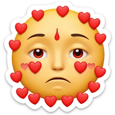 A yellow circular frowning face that is crying tears from its eyes, with a dozen hearts floating from top to bottom in front of it sticker