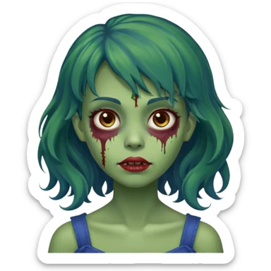 faça uma menina zumbi verde bonita com um cabelo ondulado, olhos castanhos-avermelhados e que metade da franja seja azul escuro e o a outra metade e resto do cabelo sejam castanho escuros sticker
