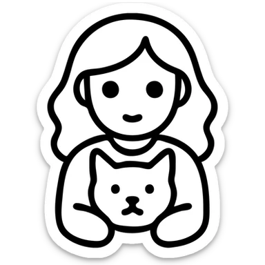 icon of a girl with black wavy hair and doe eyes holding an orange and white cat sticker