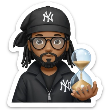 African American Man with shoulder length black dreadlocks with black beard wearing black sunglasses wearing a black bubble winter coat and a New York Yankees logo baseball cap holding a hourglass sticker