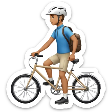 a man walking next to his bike, a bicycle helmet on the head sticker