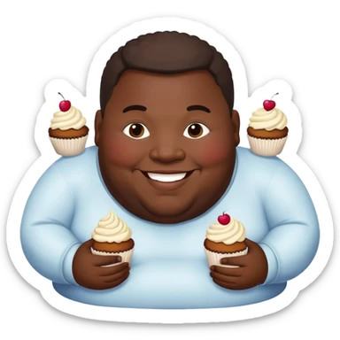 Extremely overweight African American man with a very round face and body, smiling and holding cupcakes sticker