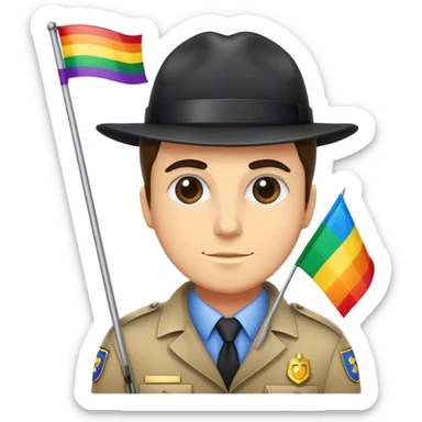 investigator holding pride plag sticker