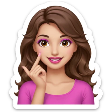 girl with long wavy brown hair, brown eyes, long lashes makeup, sexy pink lips, light to medium complexion, pink sexy top, smiling, hand by the cheek snapping fingers sticker