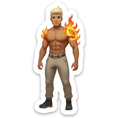 ft behind him. His chest glows with a fire-shaped light, representing his chosen identity, while shadows of his old self dissolve into ash behind him — he walks only forward into a bright, unknown future. sticker