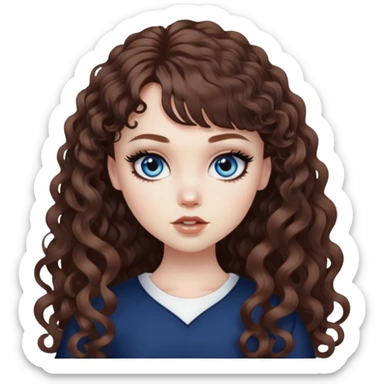 pale skin, brown bangs long curly hair, dark blue eyes, black eyeliner, pretty bratz baddie sticker