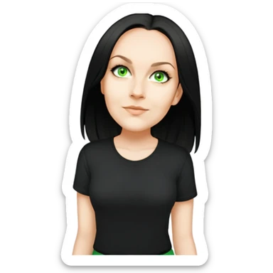 female, wearing black tshirt,  black hair sticker